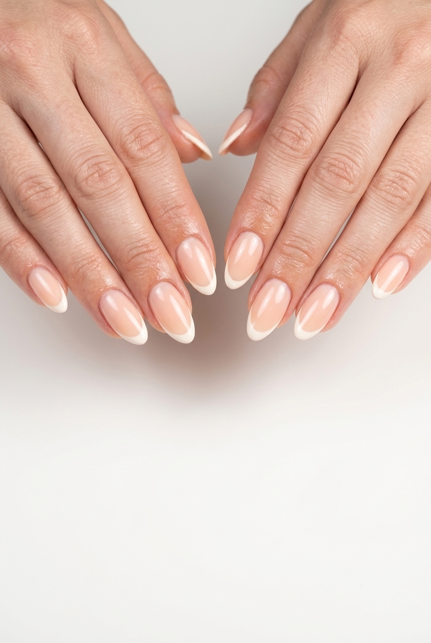 Pale peach reverse French almond nails for fair skin, ideal for parties and retro style.