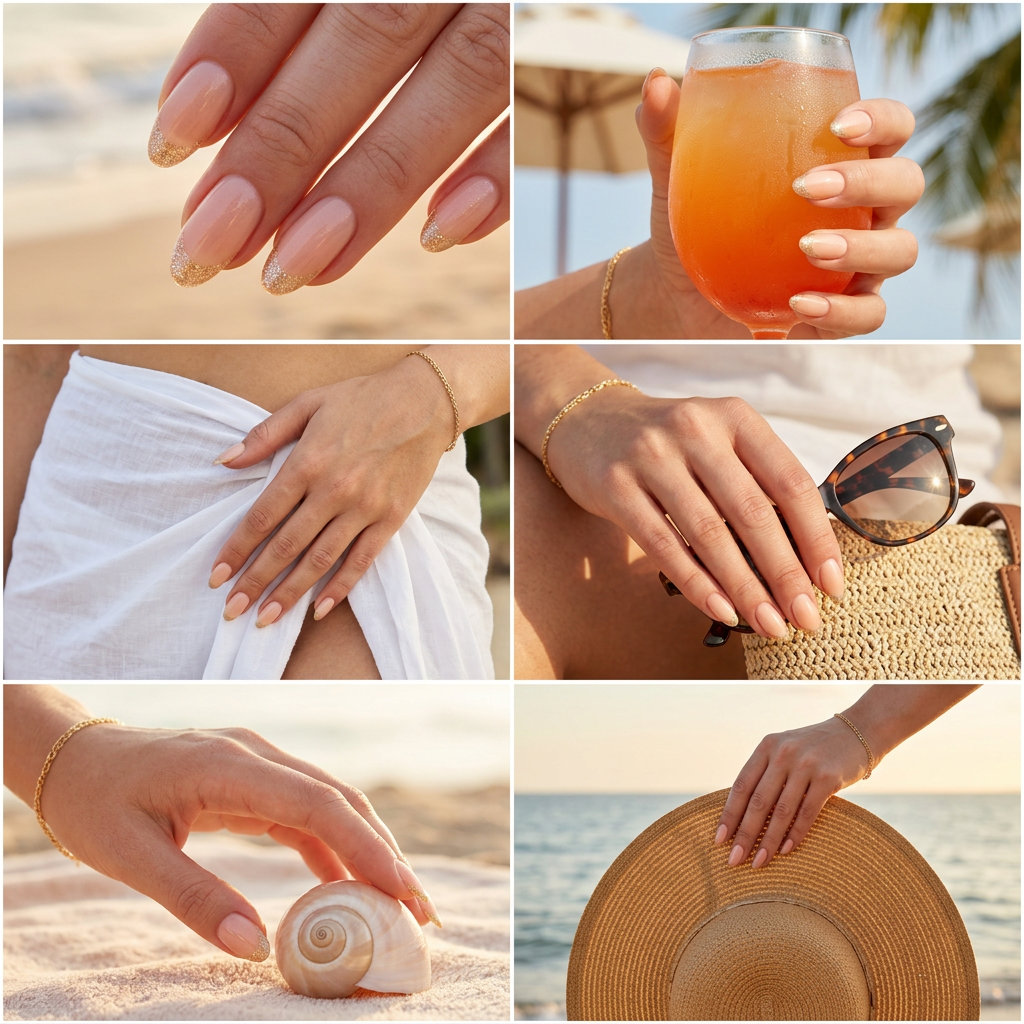 Peach Sparkle Glitter French Almond nails for almond summer nails 2026 for fair skin, perfect for parties.
