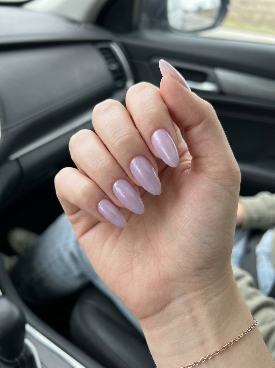 Almond summer nails 2026 for fair skin: Shimmering Lavender Haze for formal events. Romantic & sophisticated.