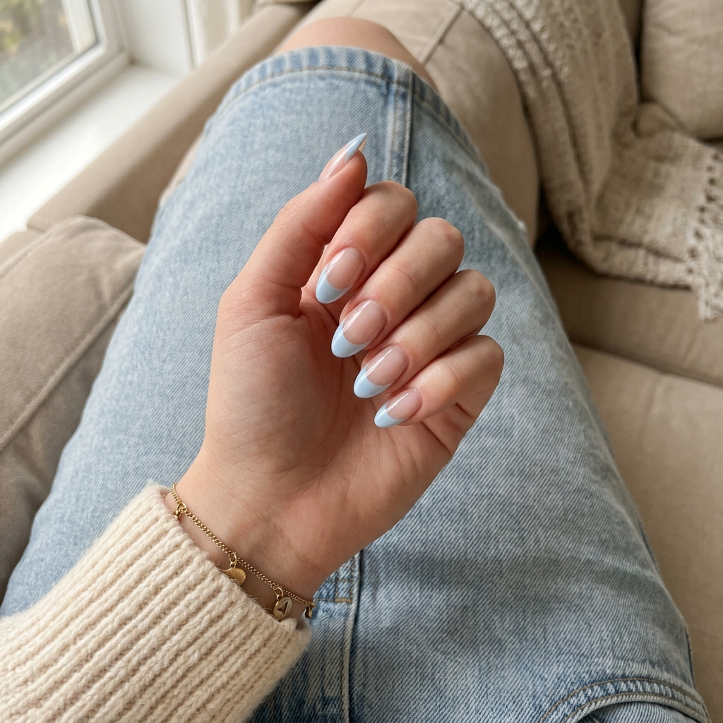 Sky negative space French almond nails for fair skin, great for casual outings and summer days.