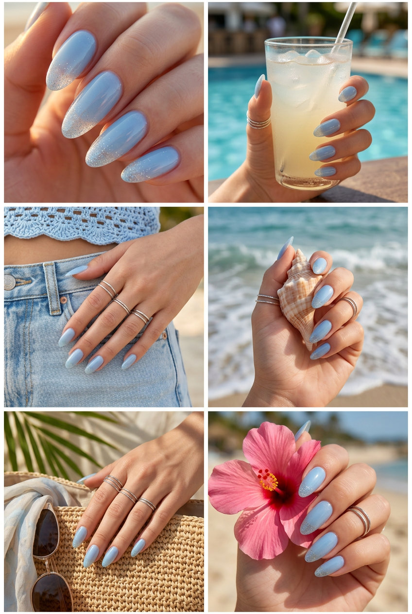 Sparkle Tip Jelly Almond nails for almond summer nails 2026 for fair skin, ideal for festivals.