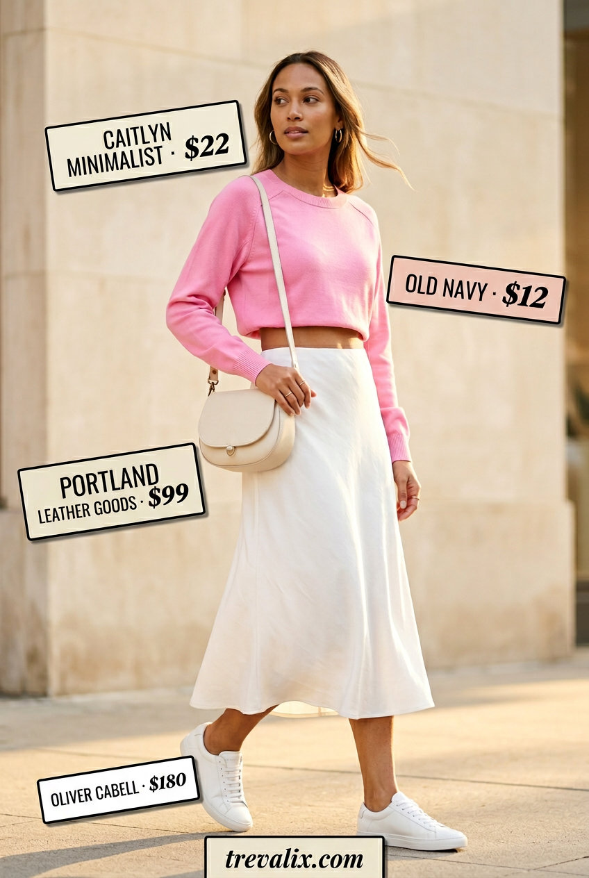 Alternative: Blush pink knit set outfit for travel 2026. Swap midi skirt for matching pants for comfort.