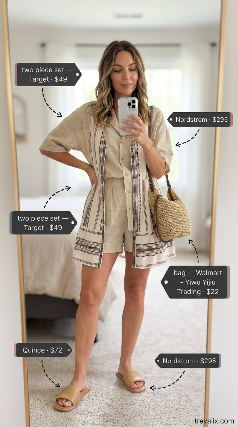 Alternative summer tiered dress outfits for women 2026: linen shorts set for a relaxed vibe.