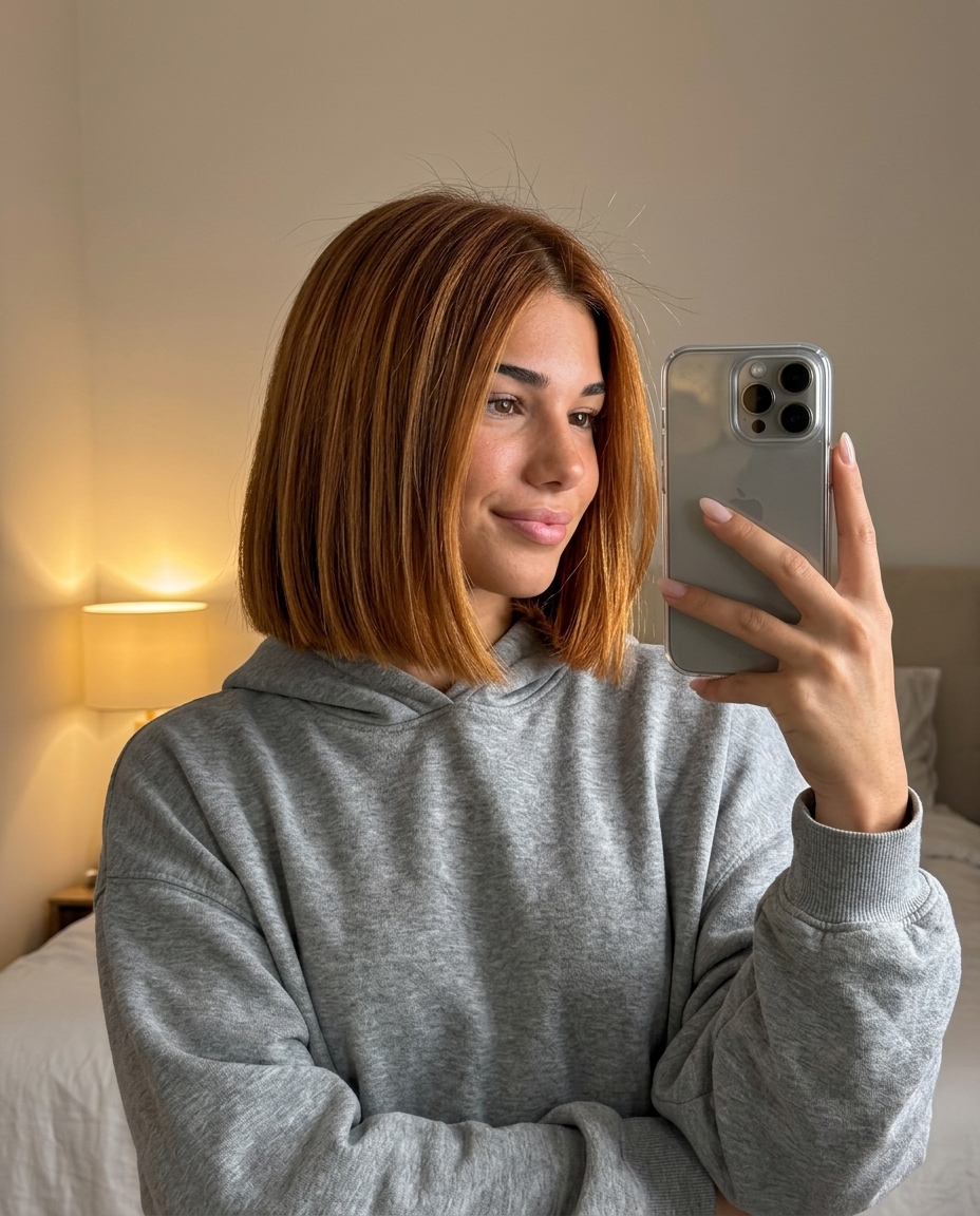 jaw-length blunt bob haircut with amber sun-faded color & golden highlights for summer 2026