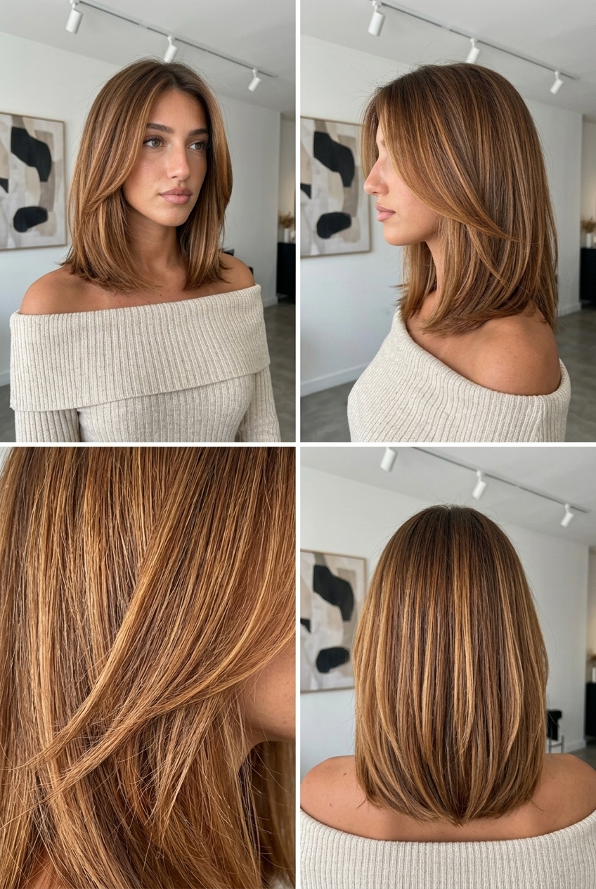 shoulder-length amber glazed lob with warm amber ribbons, balayage, no bangs — sophisticated