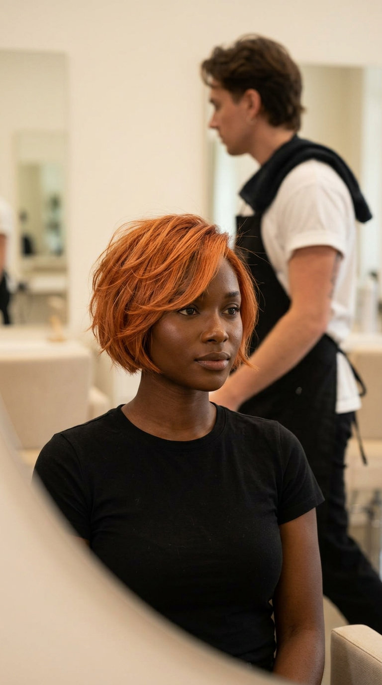 short choppy micro bob haircut in vibrant Aperol Copper with tousled layers for summer