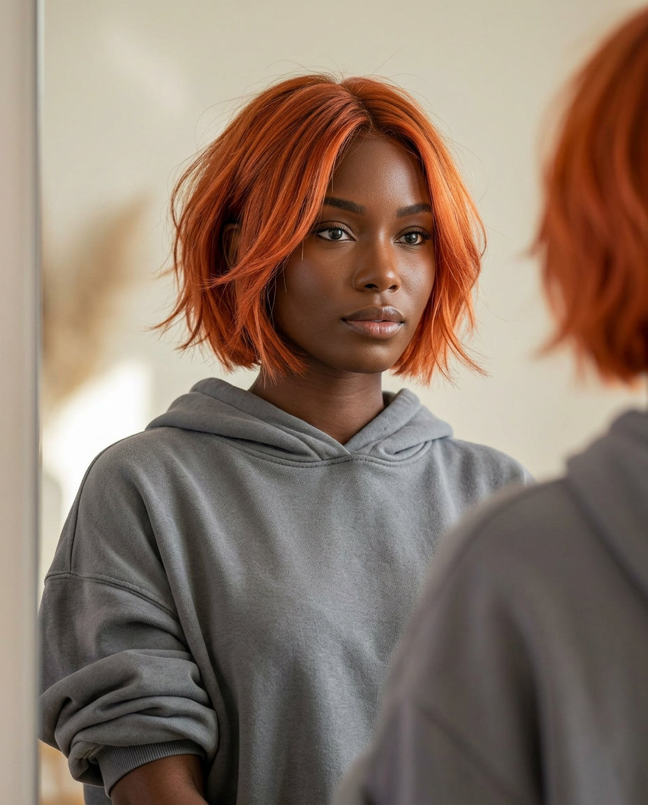 short razored micro bob haircut in vibrant Aperol Copper with textured layers for festival