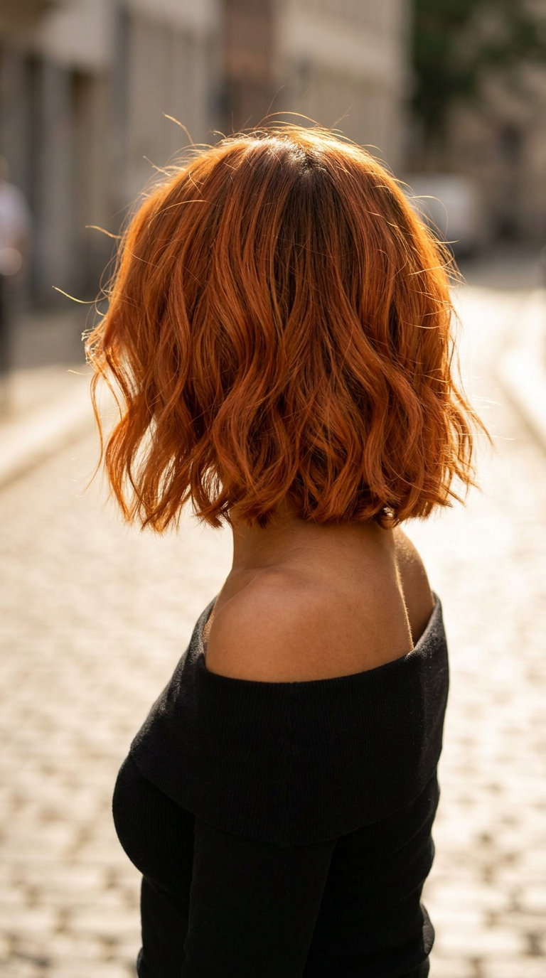 short aperol copper micro bob with golden shimmer, razored ends, no bangs — playful