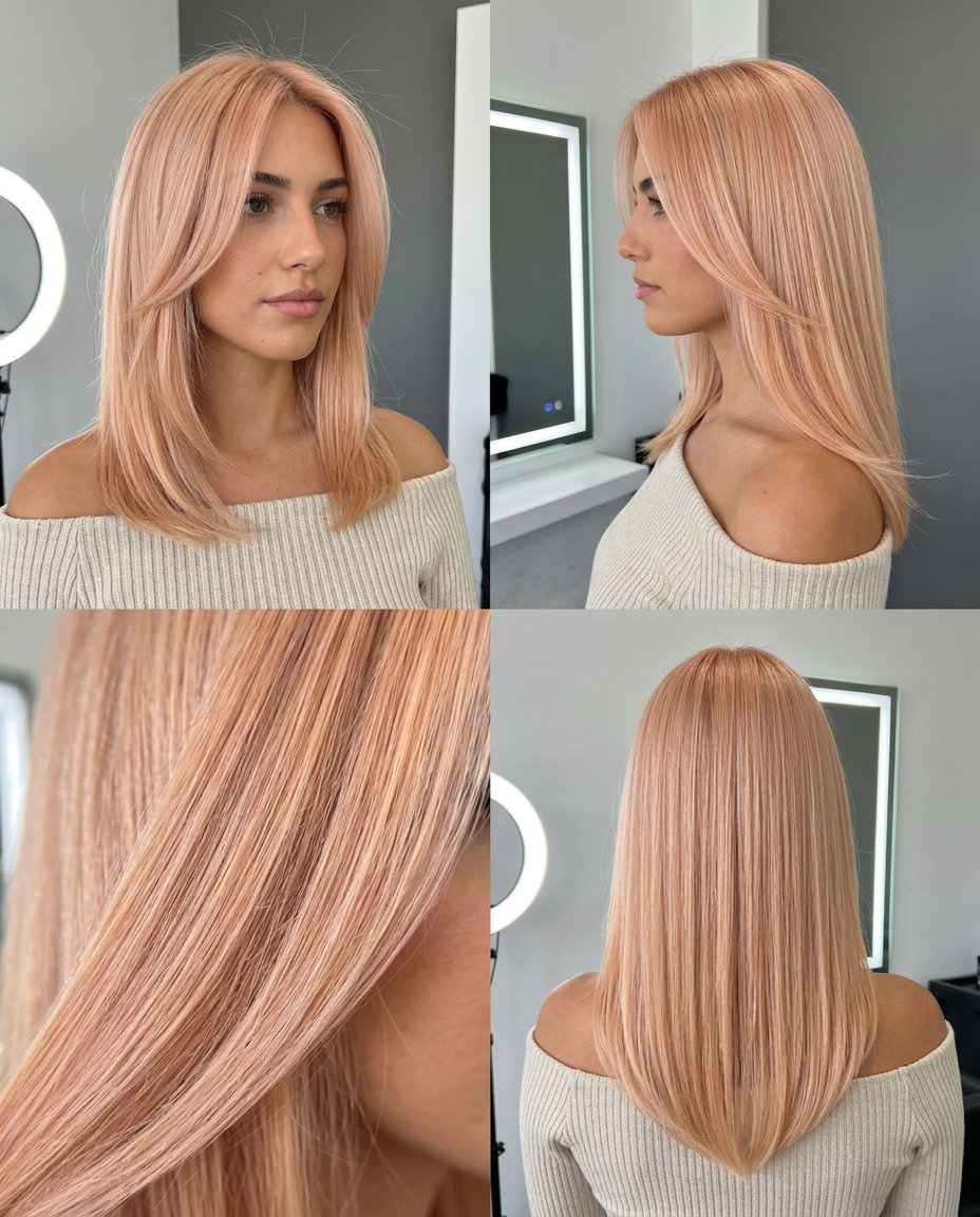 Pastel Peach Apricot Glaze 2026 blunt bob pastel peach glaze hair color with light blonde, translucent glaze — romantic minimalist look