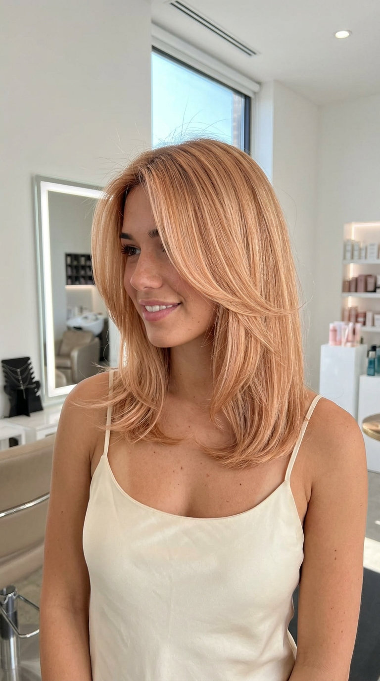 Sunkissed Apricot Blonde 2026: Sparkling Babylights long apricot blonde hair color with sparkling apricot, babylights, playful mood