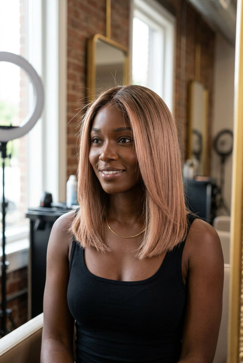 Sophisticated Apricot Blonde 2026: Smoked Balayage long apricot blonde hair color with dusty apricot, balayage technique, sophisticated mood