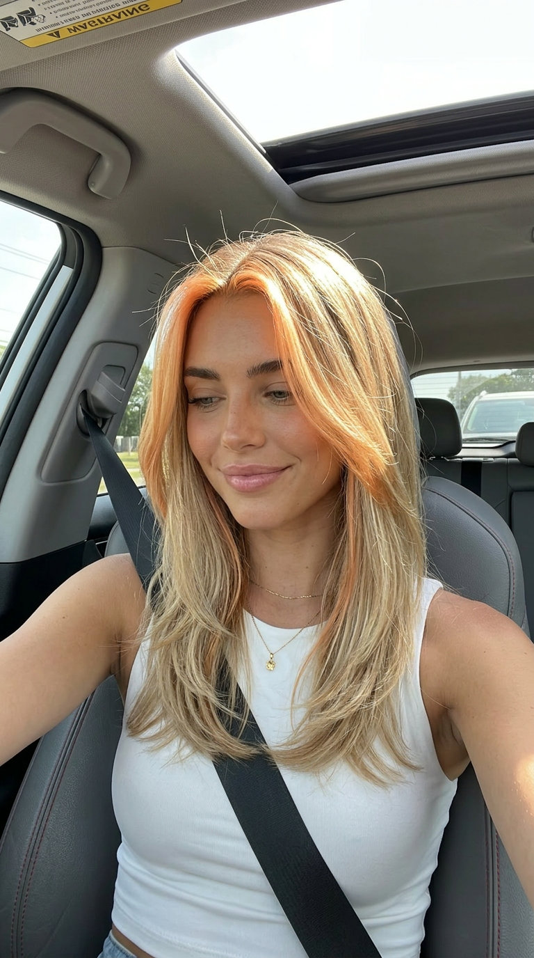 Trendy Summer Apricot Blonde 2026: Radiant Money Piece long apricot blonde hair color with vibrant apricot, face-framing highlights, playful mood