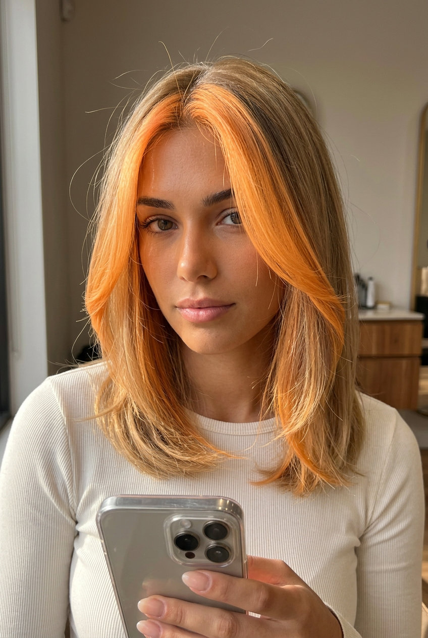 Chic Apricot Blonde 2026: Bright Face-Framing long apricot blonde hair color with bright golden apricot, thick face-framing strands, polished mood