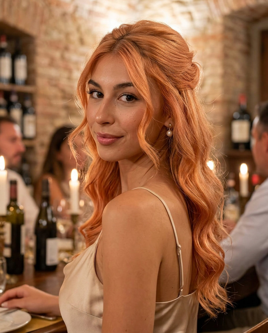 long layered half up half down with apricot blonde, strawberry blonde roots, golden undertones — romantic evening style