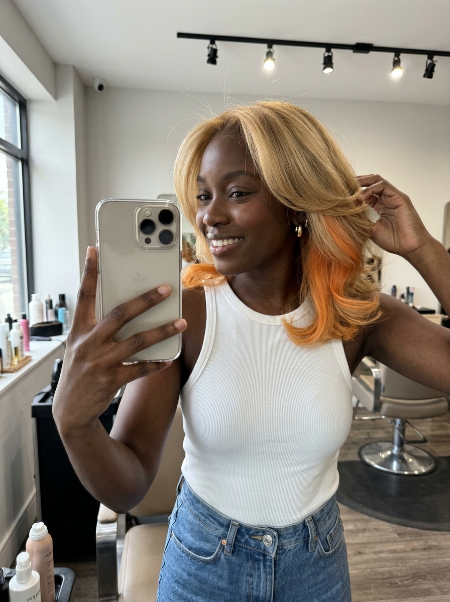 Playful Apricot Blonde 2026: Sorbet Peekaboo long apricot blonde hair color with apricot sorbet, hidden panel, playful mood