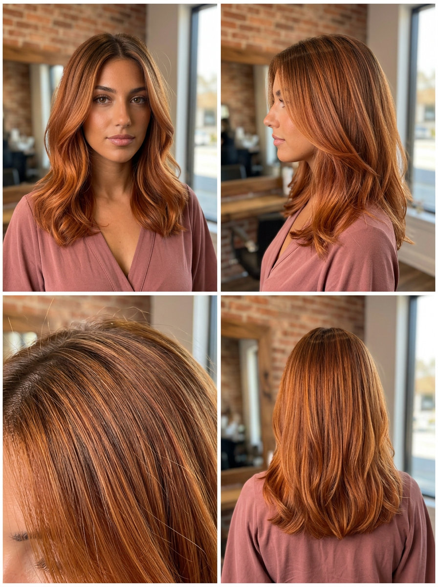 long apricot blonde hair color with copper-apricot, shadow root, bold mood