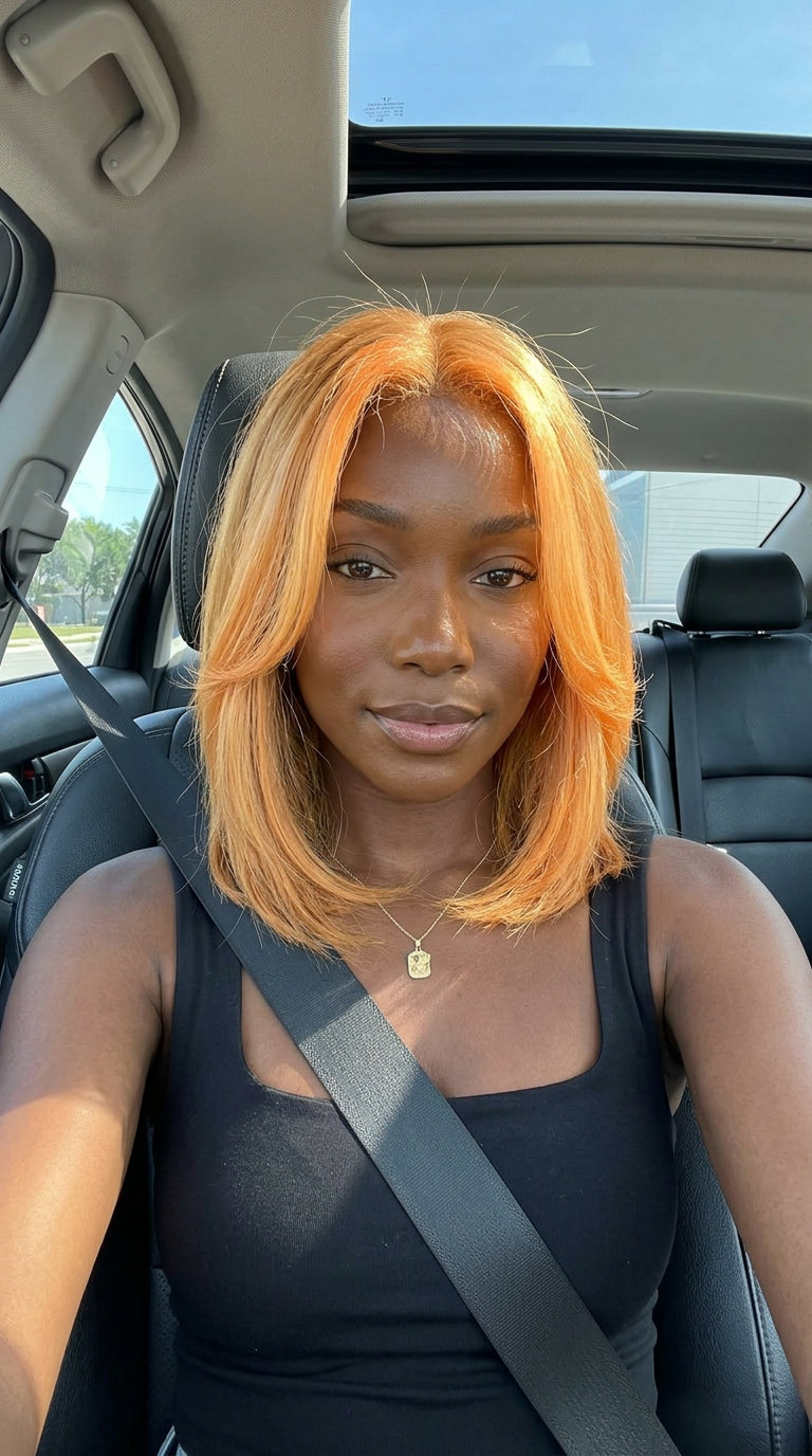 medium-length apricot blonde hair with golden undertones and face-framing statement pieces for trendy style