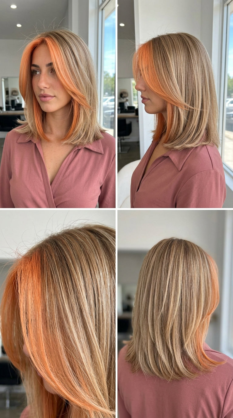 Apricot Money Piece Hair Color 2026 shoulder-length neutral blonde apricot blonde money piece with vibrant apricot face-frame — playful weekend look