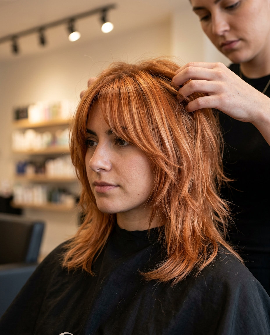medium shag haircut with apricot copper and strawberry blonde accents, eye-grazing curtain bangs — playful edgy vibe