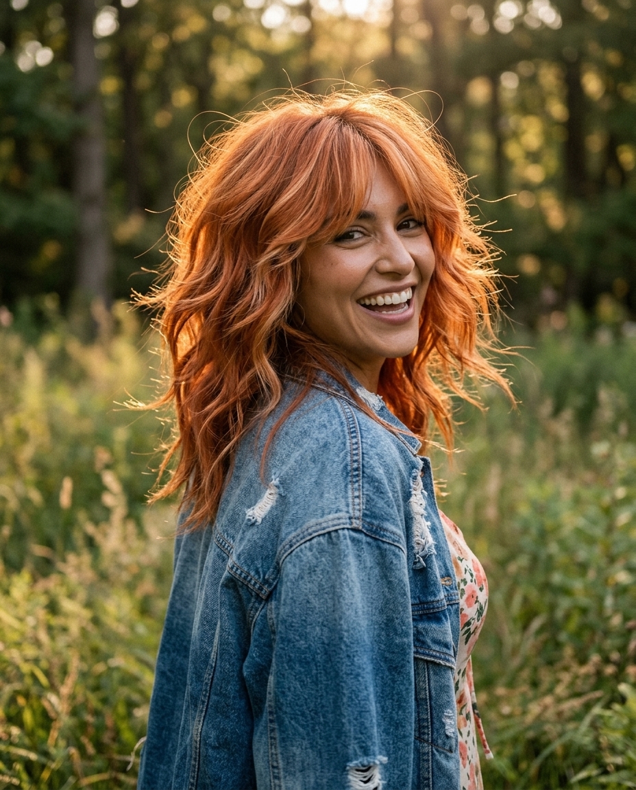 medium wolf cut with apricot copper and strawberry blonde highlights, choppy face-framing layers — edgy playful style