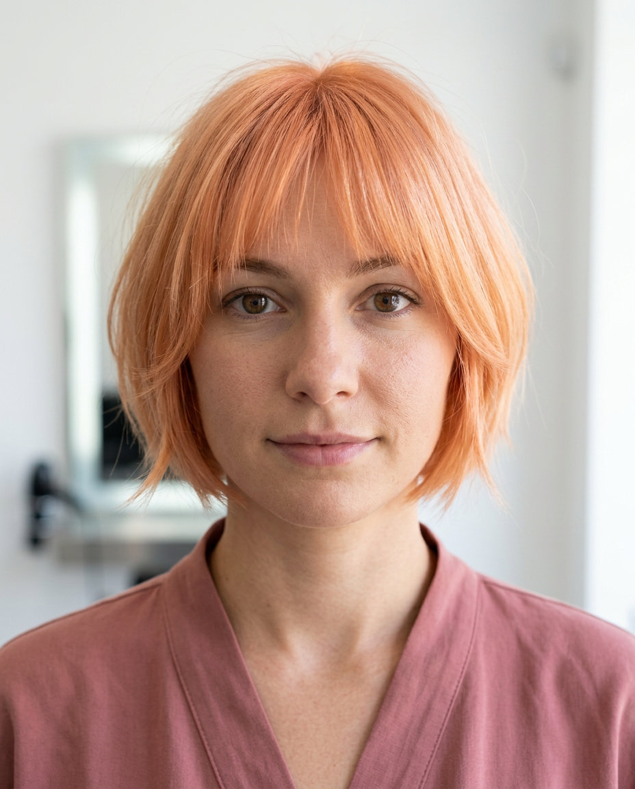 short french bob in pastel apricot copper with micro-fringe — playful, feminine