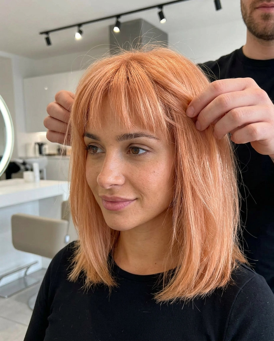 shoulder-length lob haircut with pastel apricot copper and micro bangs for thin fine hair