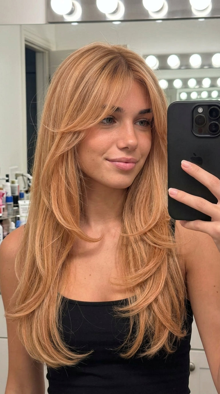 long layered hair with apricot crush balayage and feathered bangs for romantic looks