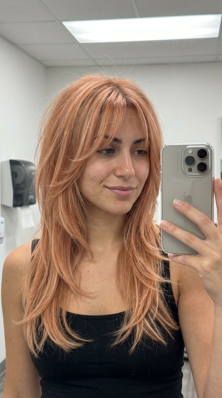 long shag haircut in apricot crush with strawberry blonde highlights and curtain bangs for summer wedding