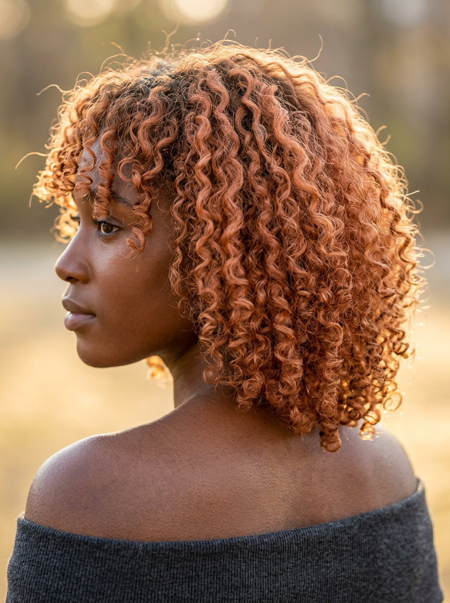 medium curly haircut with apricot crush color, bottleneck bangs, and rounded volume for daily wear