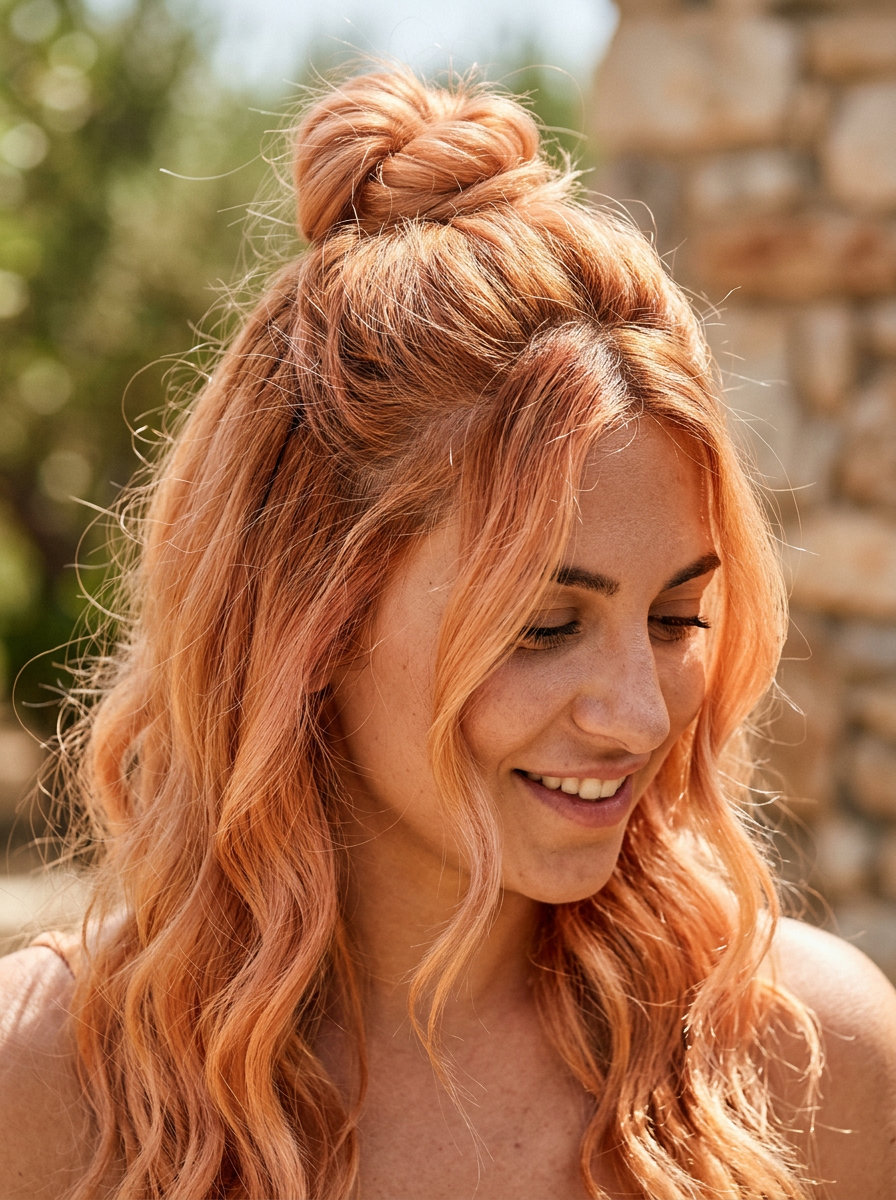 medium-length wavy hairstyle with apricot crush and messy textured half-up bun for summer 2026