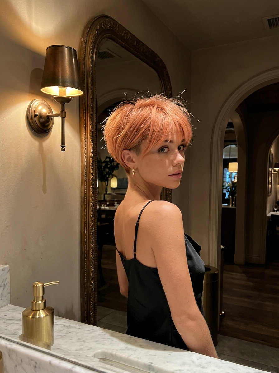 short haircut with apricot crush color and hidden undercut for thin fine hair