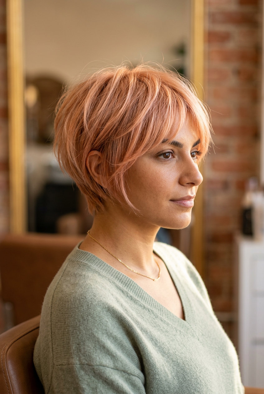 short pixie haircut in apricot crush with feathered layers and micro-fringe for garden parties