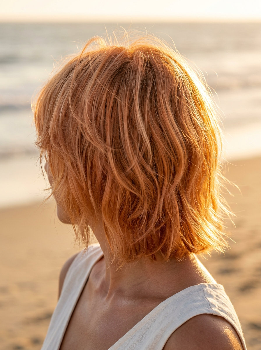 shoulder-length shag haircut with apricot crush and strawberry blonde highlights for thin fine hair