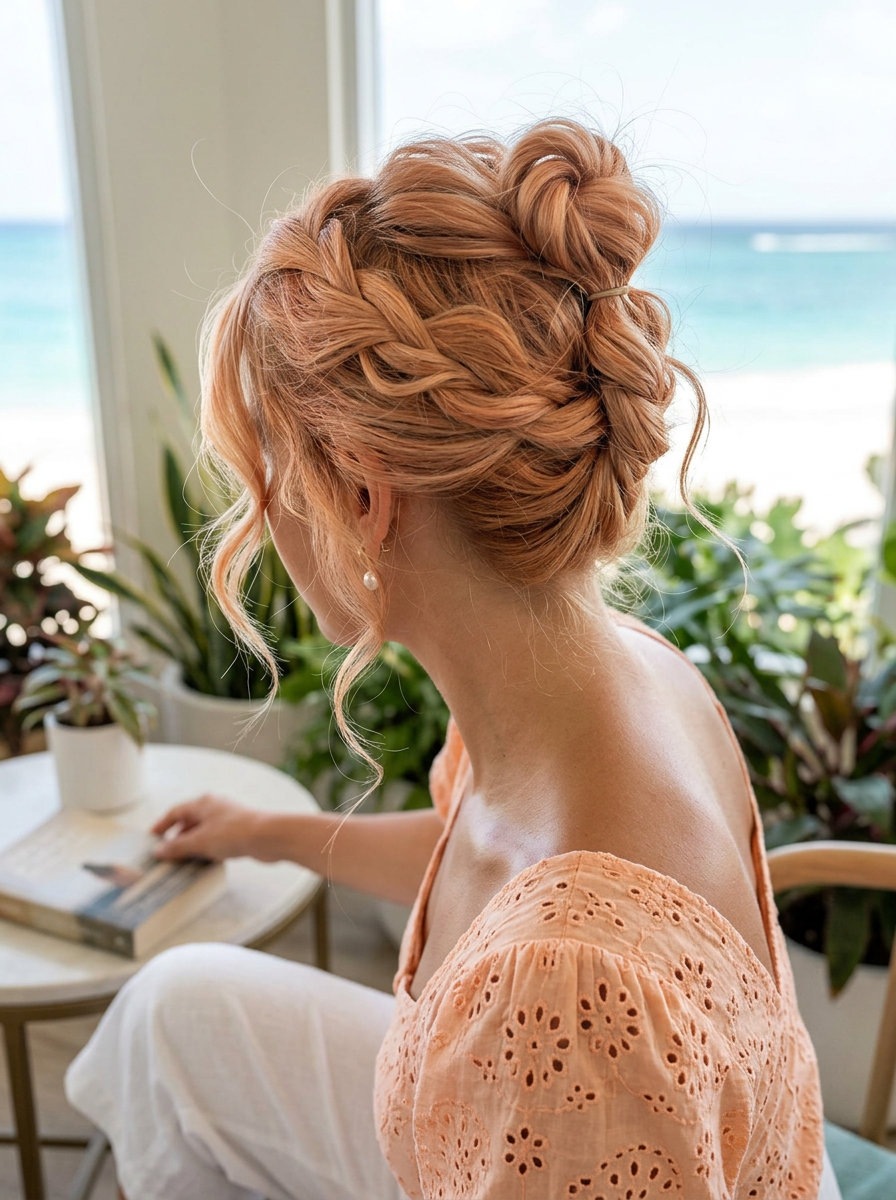 long apricot crush half-up twist bun with strawberry blonde, messy bun, face-framing tendrils — playful romantic