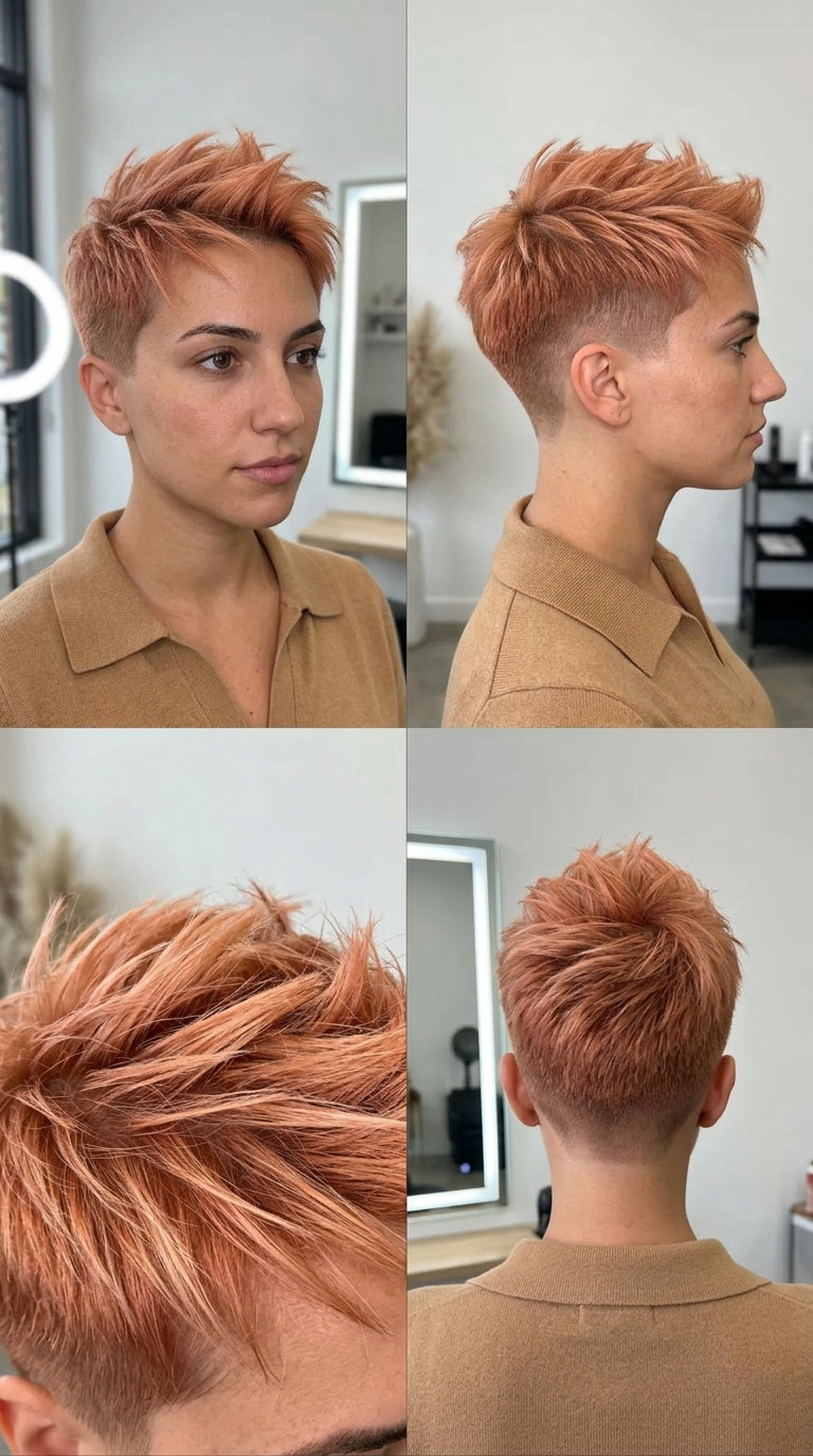 ultra-short crop haircut with apricot crush color and spiky texture for thin fine hair