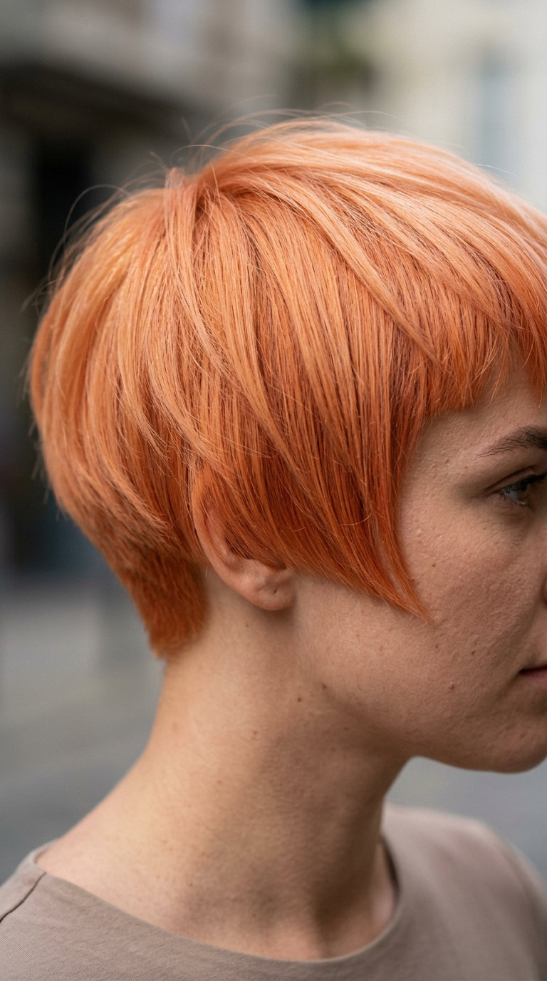 very short pixie haircut in apricot crush, undercut with sculpted top for fashion event