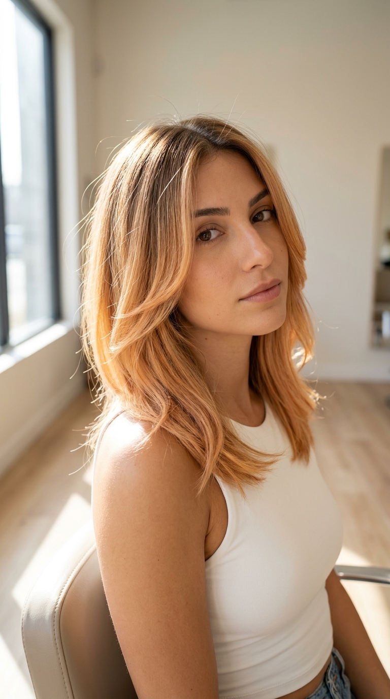 collarbone-length apricot gold hair with peach blonde balayage, face-framing layers for sun-kissed look
