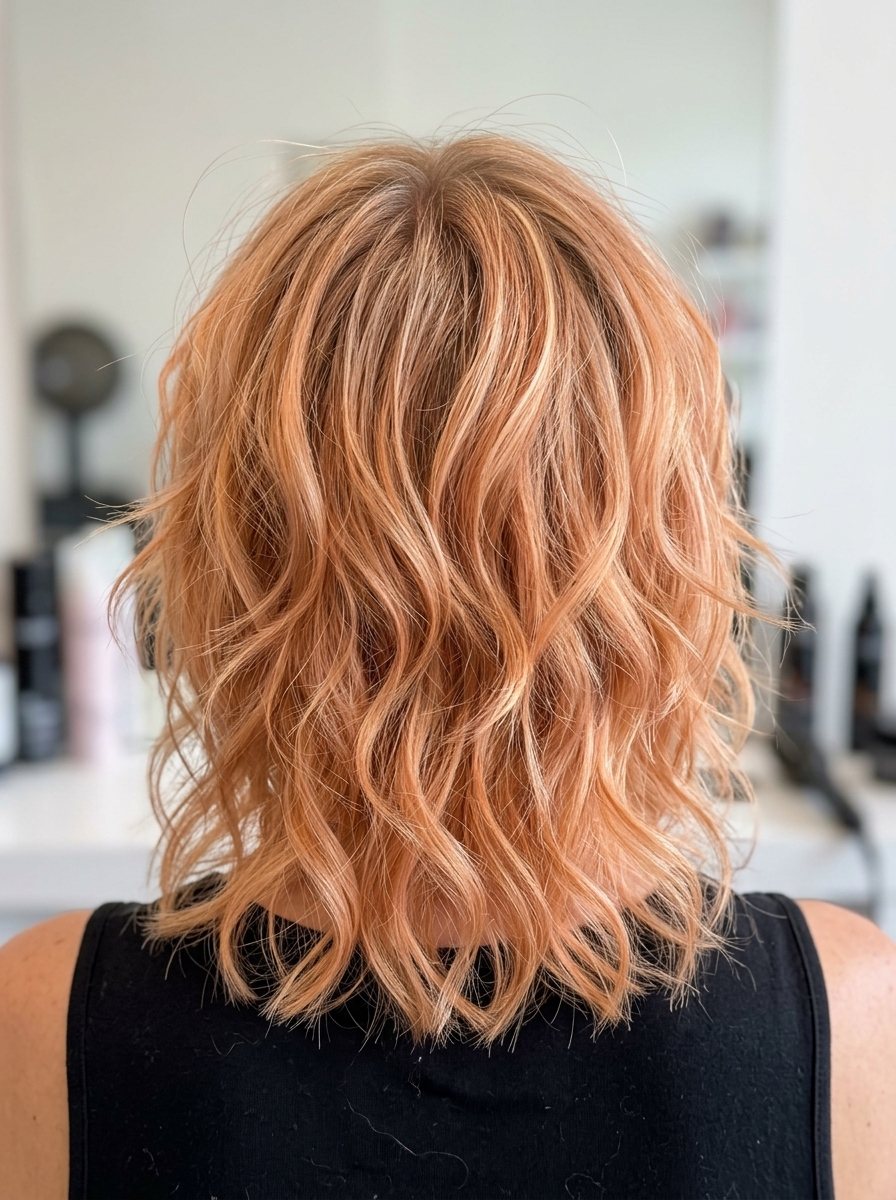 collarbone length shag haircut in apricot gold with blonde highlights for playful look