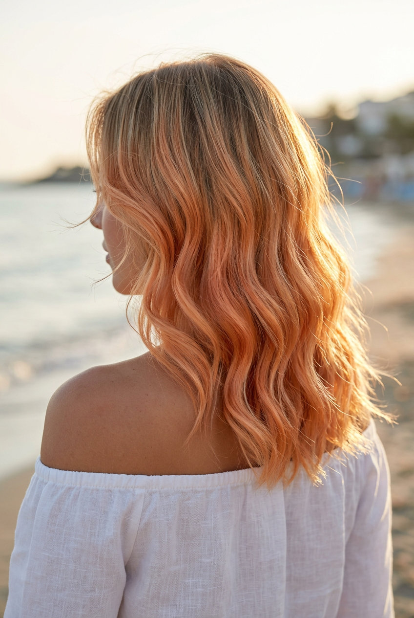 Apricot Crush Balayage Hair 2026 long apricot blonde balayage with sandy blonde roots and golden peach, face-framing, effortless