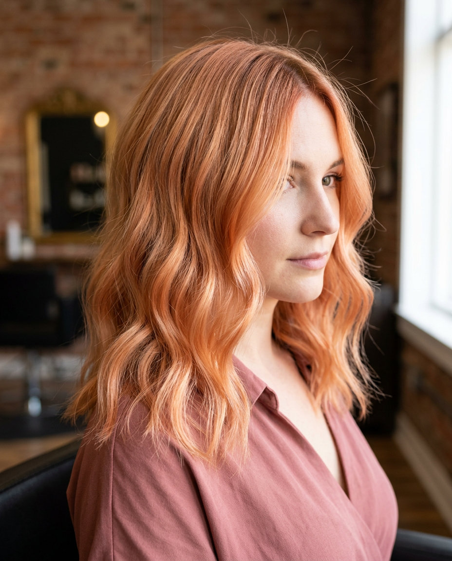 long apricot blonde hair color with waterfall waves, balayage, romantic mood