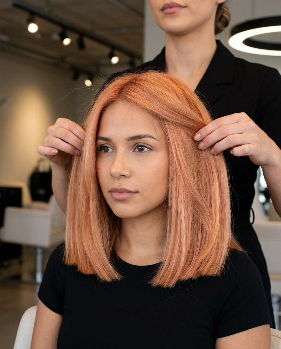 medium blunt lob haircut in apricot crush with peachy-copper tones, no layers — edgy date night