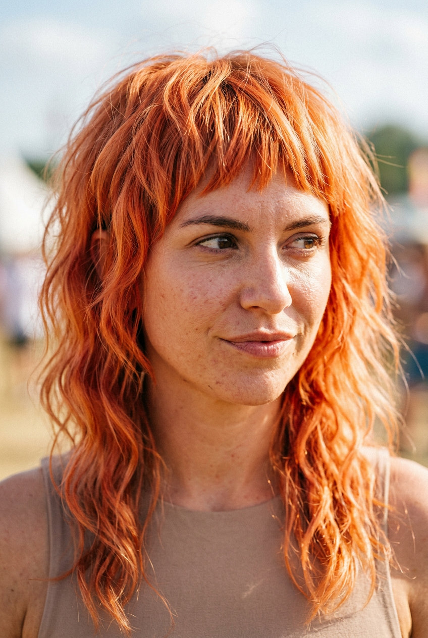 Apricot Crush Mullet 2026: Vibrant & Playful medium choppy mullet in apricot orange-pink, internal layering, feathery texture — playful vibrant look