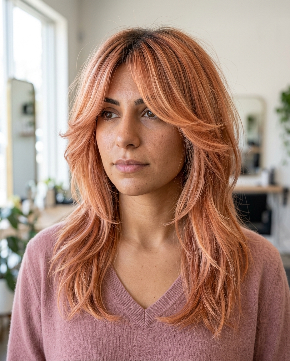 shoulder-length butterfly shag in apricot crush with strawberry blonde highlights, face-framing layers, curtain bangs — bold festival style