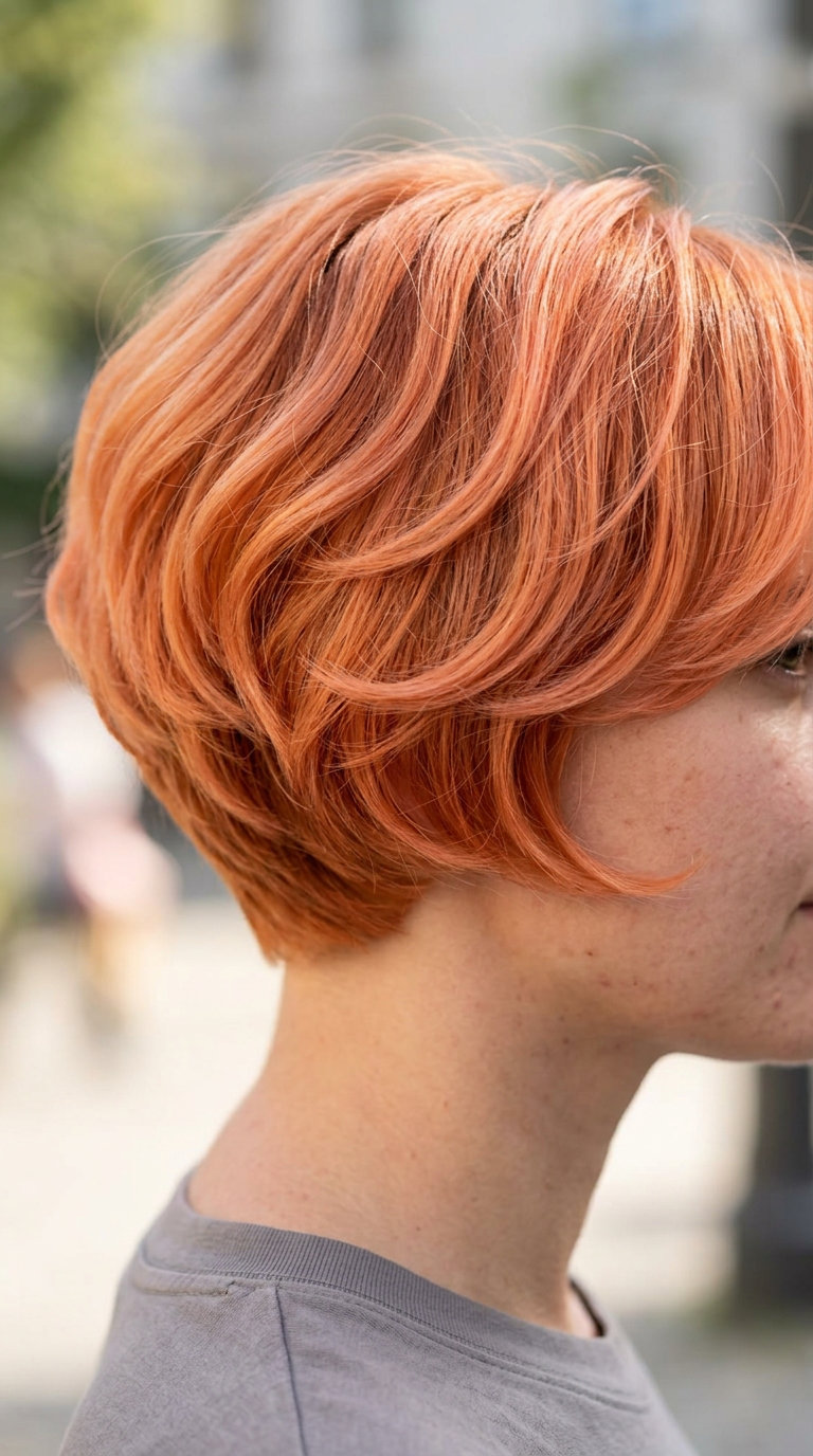 very short pixie-crop haircut in soft pastel orange, layered with wispy edges for summer brunches