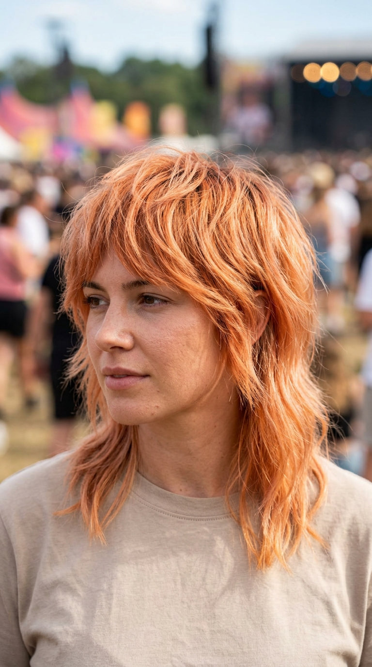 Vibrant Apricot Mullet Lob 2026 short choppy summer modern mullet haircut 2026 with vibrant apricot crush, custom color melt, wispy bangs — playful & bold
