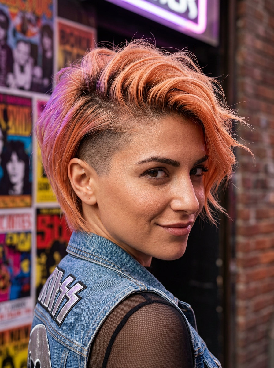short apricot orange pixie haircut with asymmetrical fade and textured top for summer