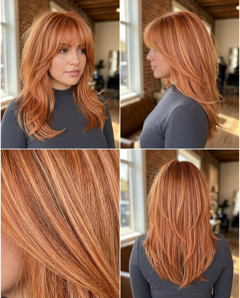 long shag haircut with apricot crush and strawberry blonde highlights, wispy curtain bangs — edgy bohemian vibe