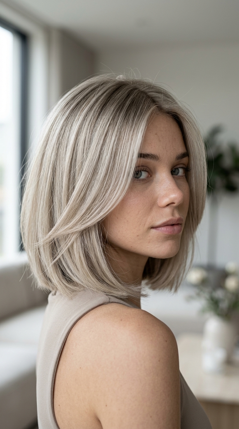 chin-length layered bob in cool ash blonde with violet babylights, blunt perimeter — minimalist sophisticated brunch