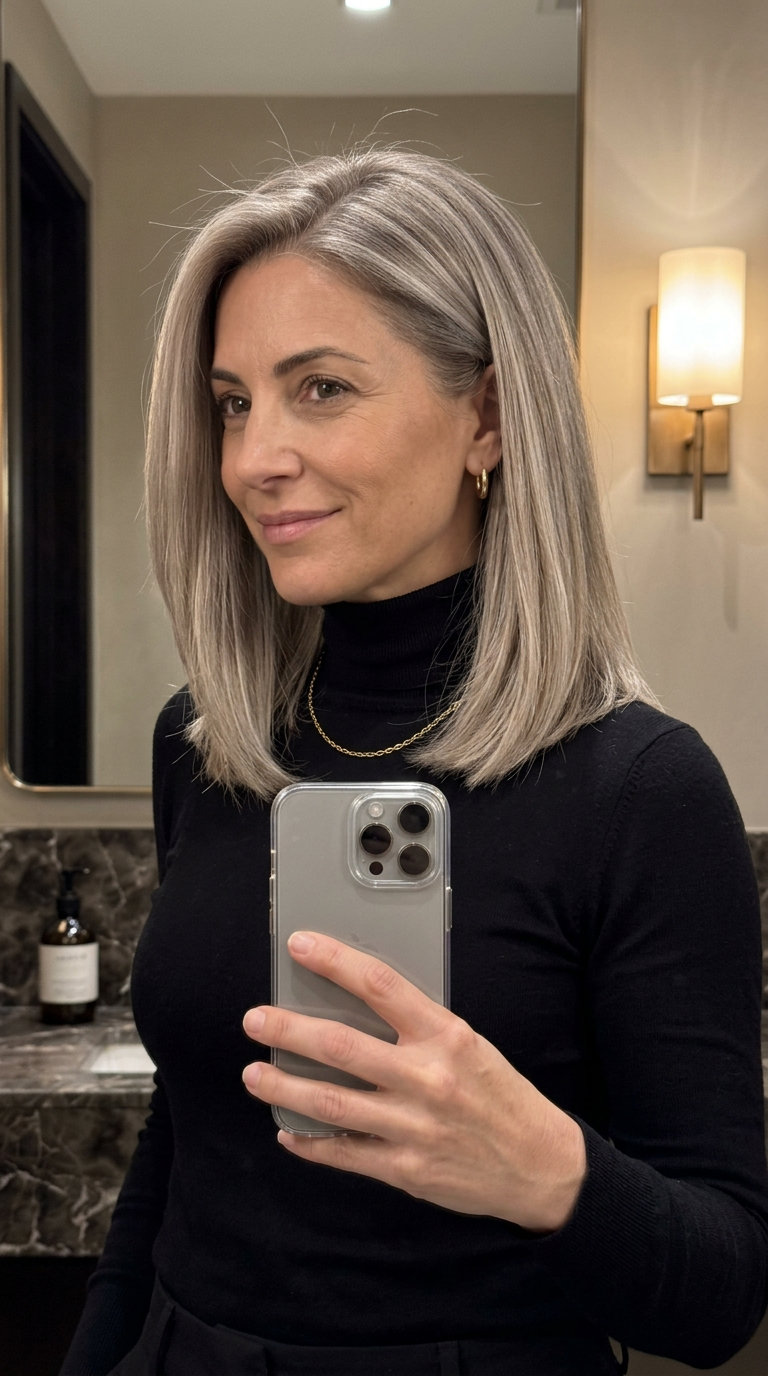 collarbone lob haircut with cool ash blonde root smudge, babylights — minimalist and sophisticated for everyday