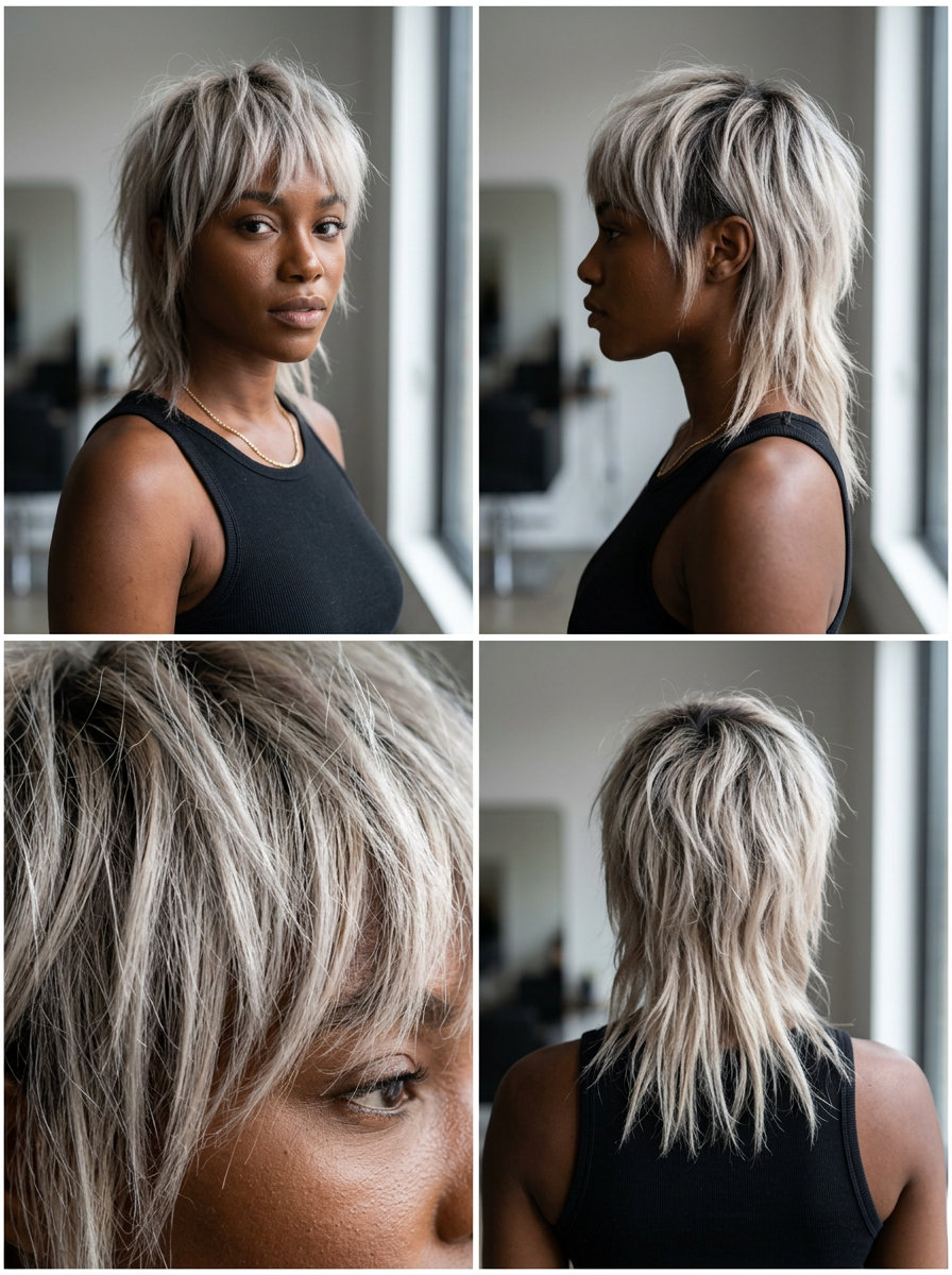 Ash Blonde Mullet 2026 short choppy summer modern mullet haircut 2026 with icy ash blonde, charcoal root shadow, deep point-cutting — minimalist & edgy